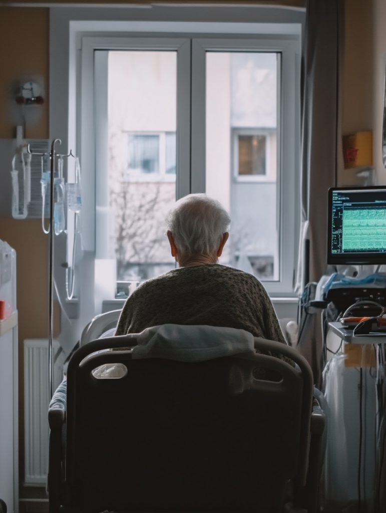 An elderly patient sits on a hospital bed, looking out the window with an IV stand nearby.